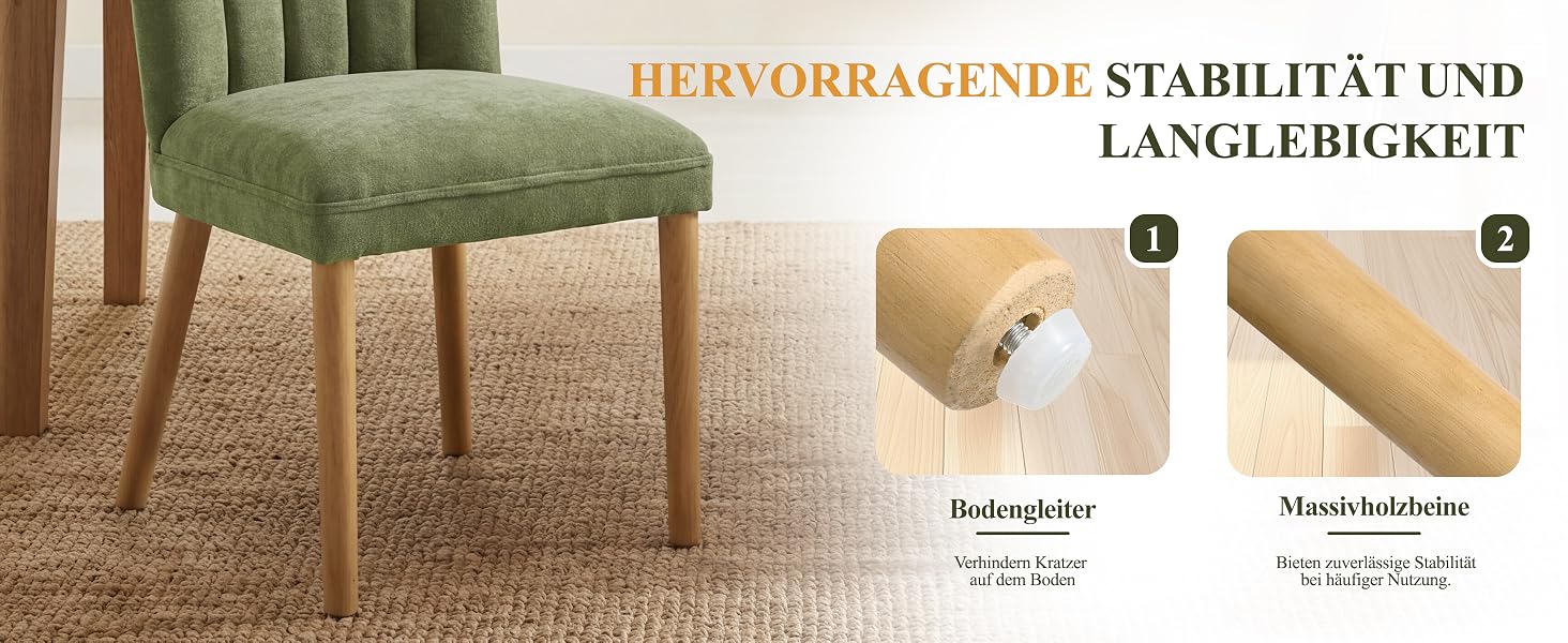 Text lautet „HERVORRAGENDE STABILITÄT UND HALTBARKEIT!“ Mehrere Demonstrationsbilder zeigen Stabilitätstests und Konstruktionsdetails von Möbeln.