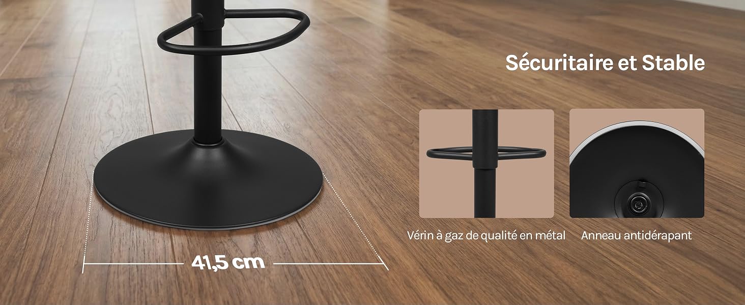Le texte indique « Sécuritaire et Stable » et « 48 cm ». Support de ventilateur sur socle noir avec base circulaire et mât vertical, illustré avec des vues détaillées des composants de base en forme de croix et semi-circulaire sur un plancher en bois.