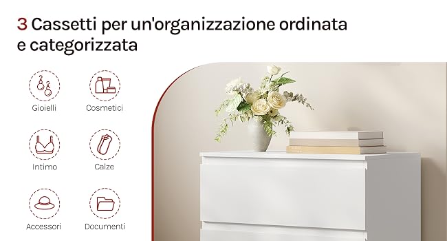 Il testo recita: '3 cassetti per un' 'organizzazione ordinata e categorizzata'. Sistema organizzativo o contenitore con tre cassetti.