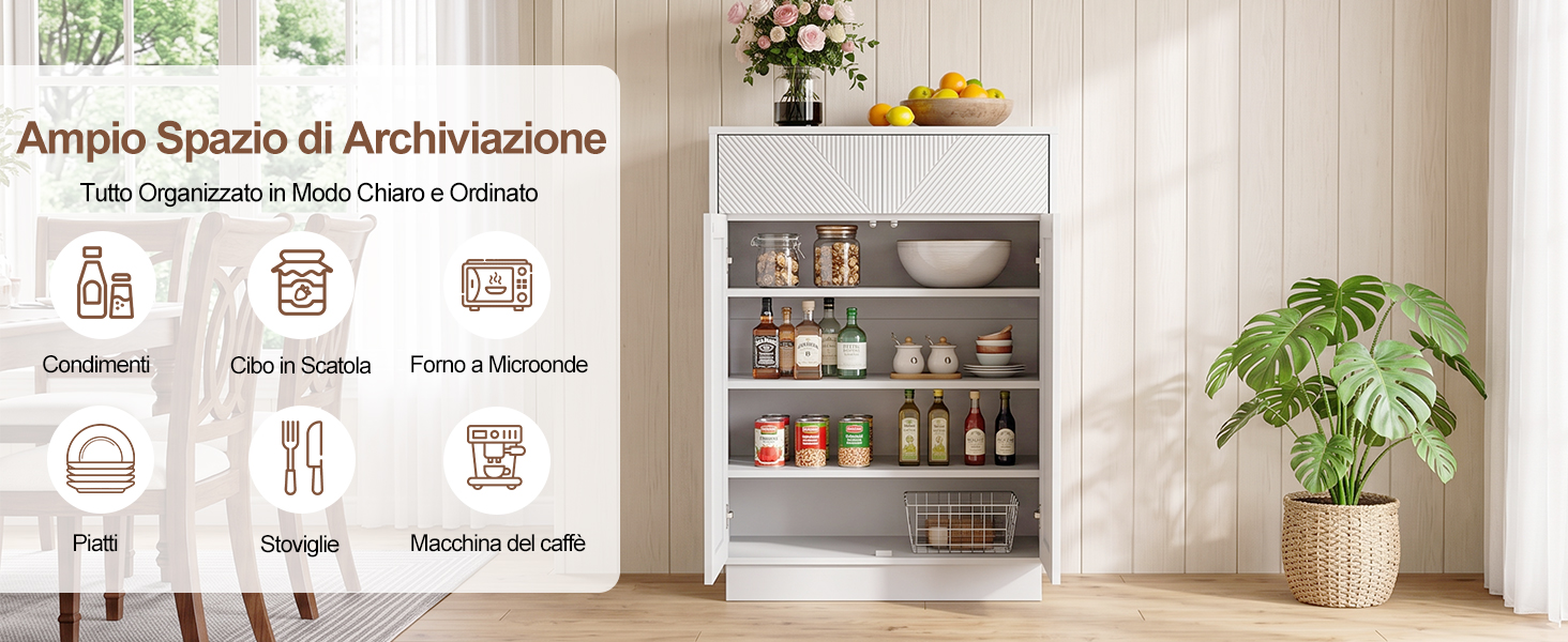 Il testo dice «Archivbox &amp; Archivbutton», «Alles Organisiert in Einem Oben + Innenau». Scena interna di una stanza che mostra scaffali organizzati con scatole bianche, oggetti decorativi e piante in vaso che mostrano prodotti organizzativi.