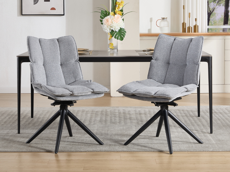 Multiple views of a grey modern lounge chair with tufted upholstery, showing various angles and positions in a contemporary room setting.