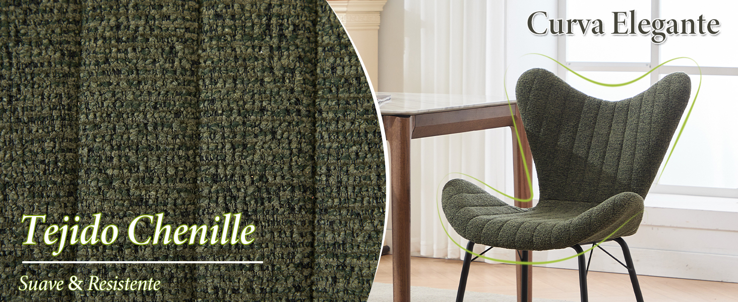 El texto dice «Tejido Chenille» y «Curva Elegante». Primer plano de la textura de tela de chenilla verde oscuro que muestra su superficie afelpada y aterciopelada.