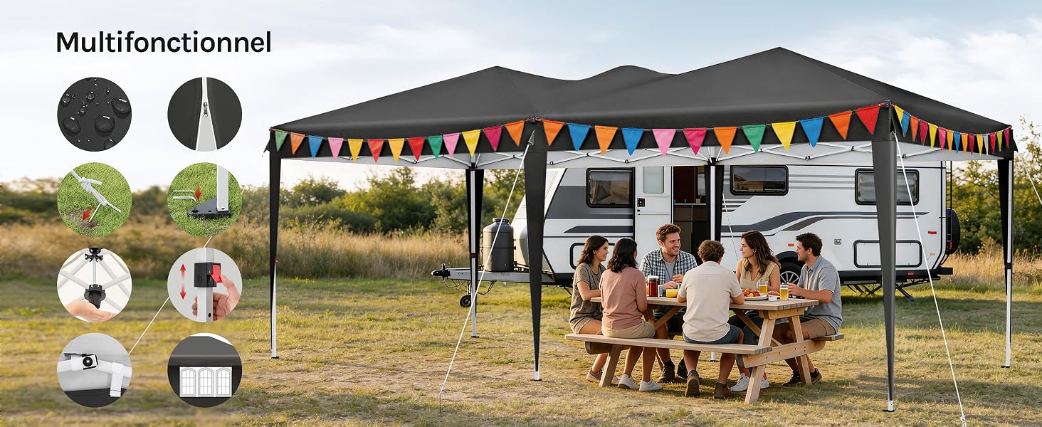 Le texte indique « Multifonctionnel ». Plusieurs photos du style de vie du produit montrant un camping en plein air équipé d'un camping-car ou d'une caravane, des personnes rassemblées à une table de pique-nique sous des guirlandes lumineuses et un auvent.