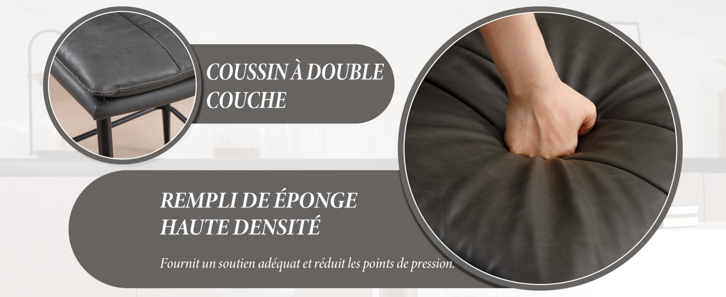 Coussin gris foncé à deux couches orné d'inserts circulaires. L'encart de gauche montre le bord du coussin, celui de droite montre la main qui appuie sur la surface du coussin, ce qui montre la densité