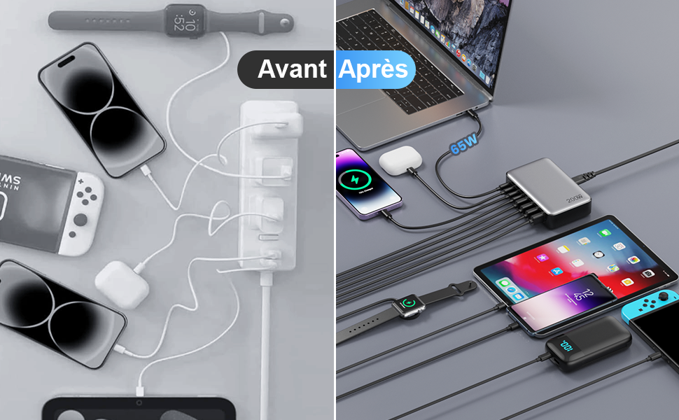 Comparaison avant et après de la configuration de charge des appareils électroniques. « Après » affiche plusieurs appareils connectés à un hub de recharge multiport