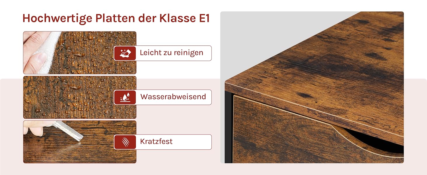Tischplatte aus Holz mit beschrifteten Merkmalen: 'SNT - Fugenlos', 'Wasserdampfresistent' und 'Hartfest'. Die Nahaufnahme zeigt ein strukturiertes Holzmaserungsmuster