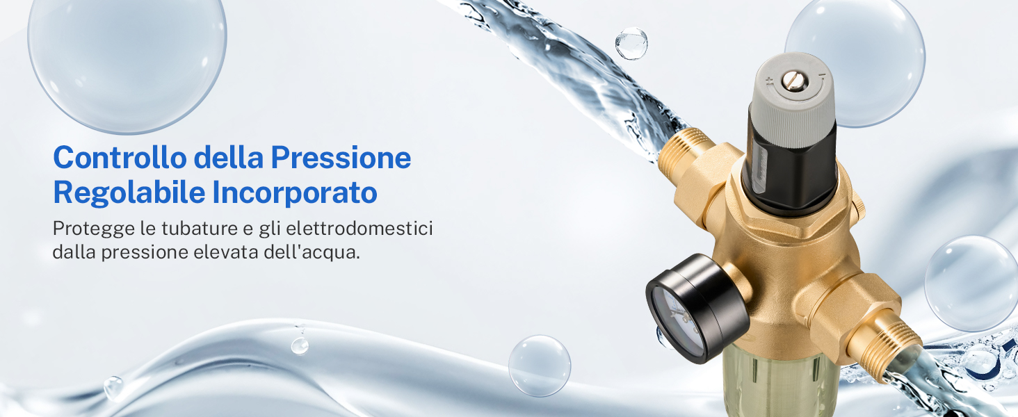 Valvola regolatrice di pressione in ottone con controllo regolabile incorporato. Presenta una parte superiore grigia e una manopola nera. Effetto spruzzi d'acqua sullo sfondo con testo in italiano che ne descrive
