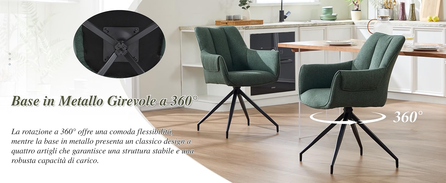 Il testo recita: 'Base in Metallo Girevole a 360°'. Moderna sala da pranzo con sedie imbottite in velluto verde con base girevole in metallo.