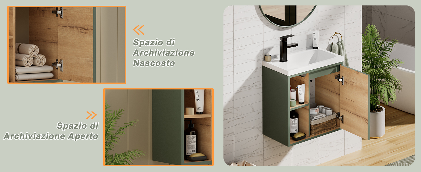 Immagine a tre pannelli che mostra soluzioni di archiviazione per il bagno con armadi in legno e infissi bianchi in stile minimalista.