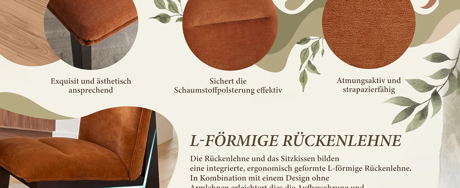 Der Text lautet: „L-FÖRMIGE RÜCKENLEHNE“. Rückenlehne oder Sitzteil aus braunem Leder mit L-förmigem Design, dargestellt mit Nahaufnahme von Texturdetails und botanischen Hintergrundelementen, die Materialspezifikationen anzeigen.
