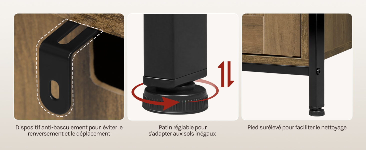 Trois meubles de rangement sont présentés : à gauche, un coffre noir avec quincaillerie et poignées en métal, au centre, un guéridon cylindrique noir avec des accents rouges, à droite, une table d'appoint en bois avec compartiment de rangement.