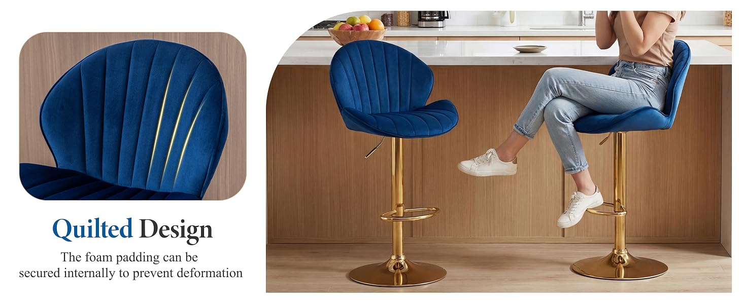 Text reads 'Quilted Design'. Multiple views of a luxurious blue velvet bar stool with quilted pattern backrest and gold-toned metal base.