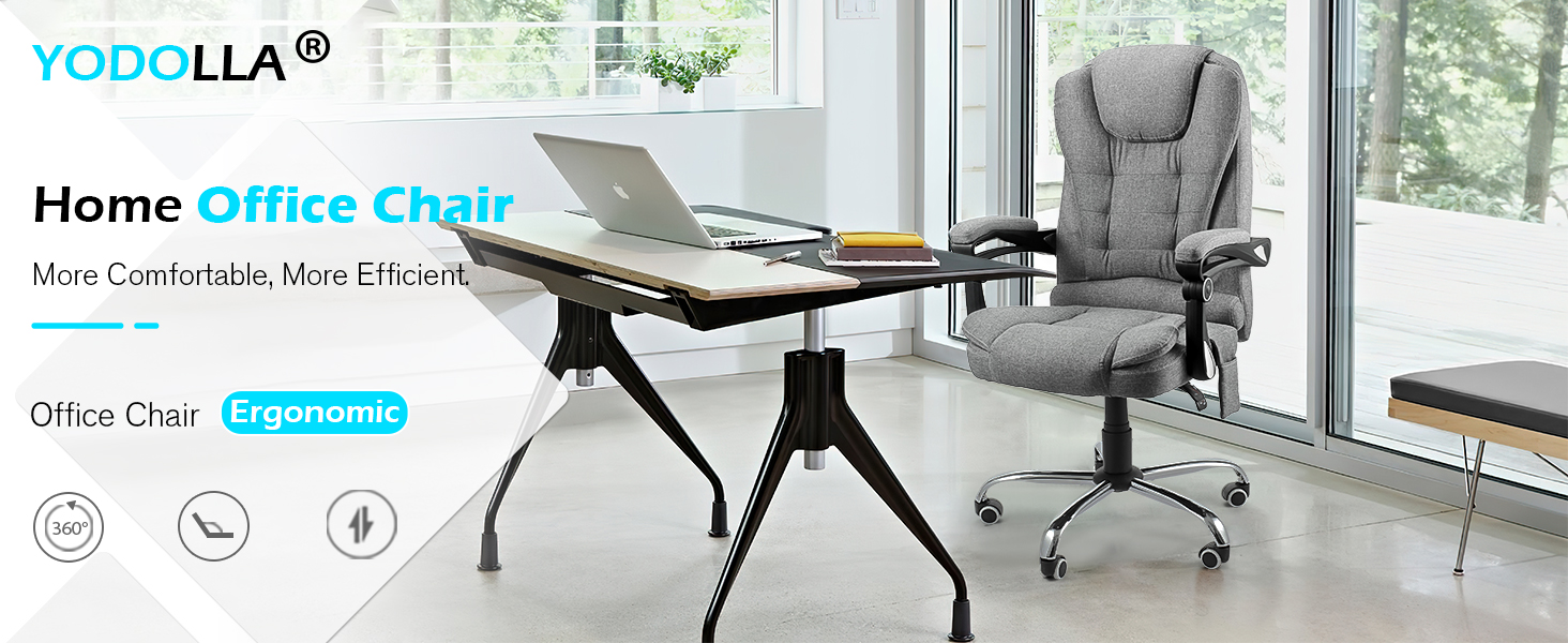 Ergonomic grey office chair with high back and Yoodolla brand name, shown next to modern desk in bright office setting.