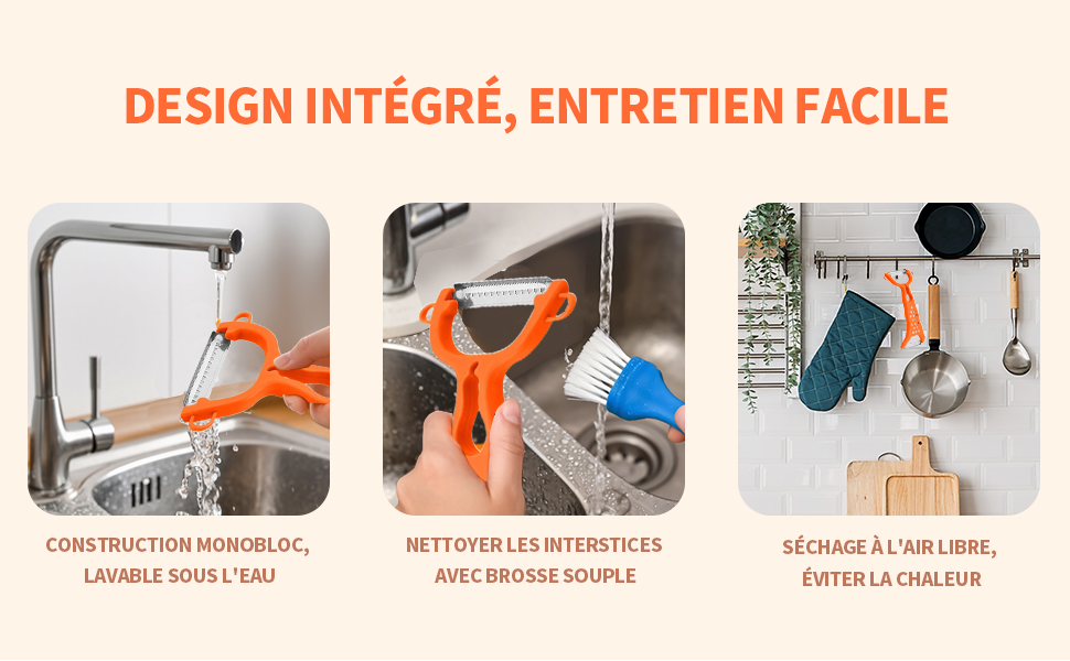 Dreiteiliges Bild mit einem orangefarbenen Reinigungswerkzeug. Links: Das Werkzeug hängt am Wasserhahn. Mitte: Ecke des Spülbeckens. Rechts: Das Werkzeug hängt zusammen mit Küchenutensilien und zeigt die vielfältigen Einsatzmöglichkeiten und die einfache Pflege.