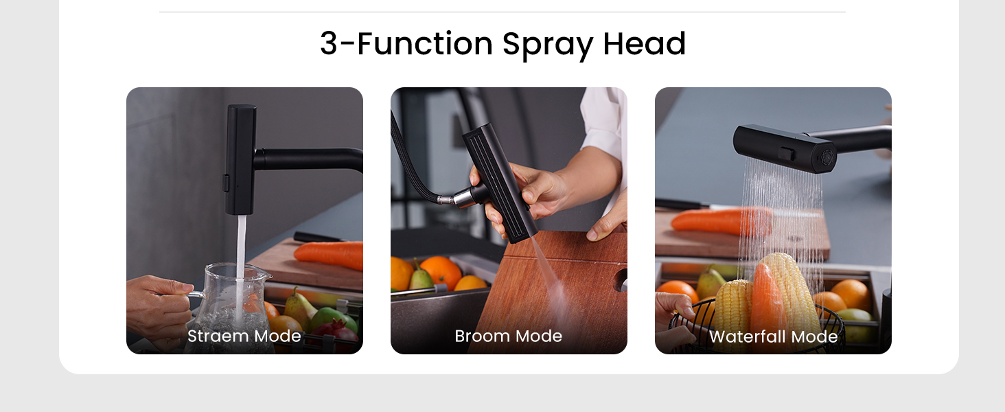 Three-mode kitchen spray head attachment showing Stream, Broom, and Waterfall settings with demonstration images of each function.