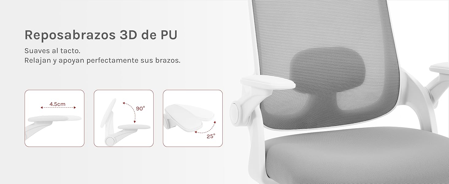 . Muestra reposabrazos de poliuretano ajustables en 3D con flechas que indican las direcciones de movimiento. El texto en español describe la función