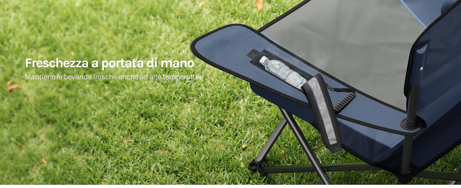 Continuazione delle immagini della sedia a sdraio per esterni che mostrano diverse angolazioni e posizioni della stessa poltrona reclinabile grigia imbottita sull'erba.