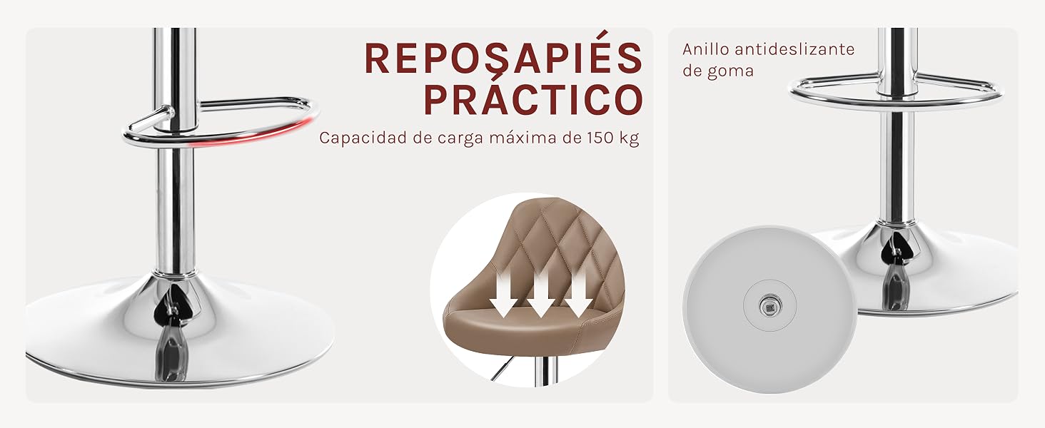 para patas de silla ajustables. Cuenta con una base circular cromada, un mecanismo de elevación hidráulico y un diagrama que muestra la bajada del asiento acolchado. El texto en español describe un práctico reposapiés