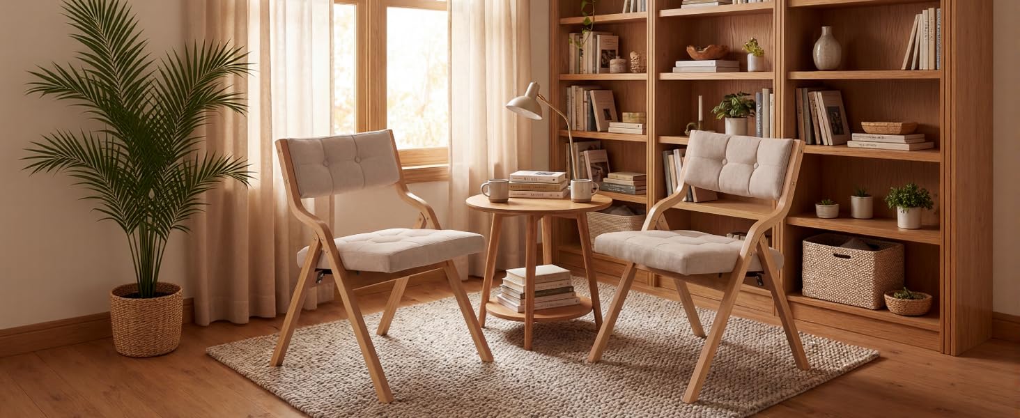 Modern living room interior with wooden furniture, bookshelves, and comfortable seating arrangements in warm lighting.