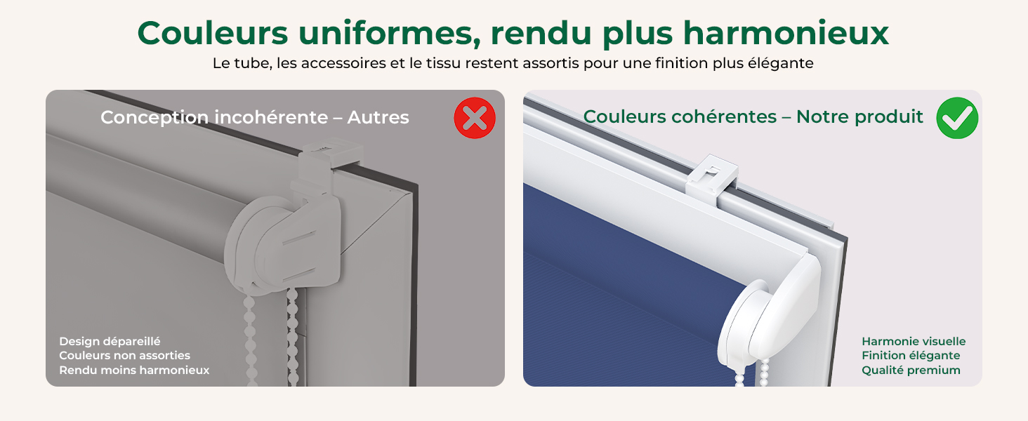 Le texte se lit comme suit : « Couleurs uniformes, rendu plus homogène » avec un sous-titre français sur l'uniformité des couleurs. Montre l'extérieur gris de la tour informatique et le panneau intérieur bleu avec les spécifications techniques.
