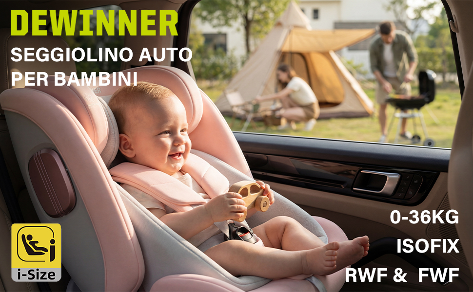 Il testo è «DEMINNER SEGGIOLINO AUTO», «PER BAMBINI», «HWF &amp; FWF», «ISOFIX», «0-36KG». Immagini del prodotto del seggiolino auto che mostrano le caratteristiche di sicurezza e l'installazione.