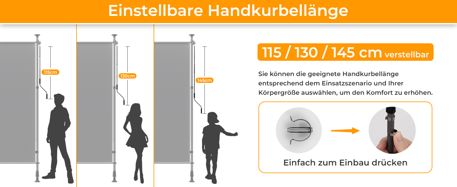 Der Text lautet „Einstellbare Handyordellänge“, „115/130/145 cm“. Das technische Diagramm zeigt die Maße des verstellbaren Handygurts mit Figuren in der Silhouette.
