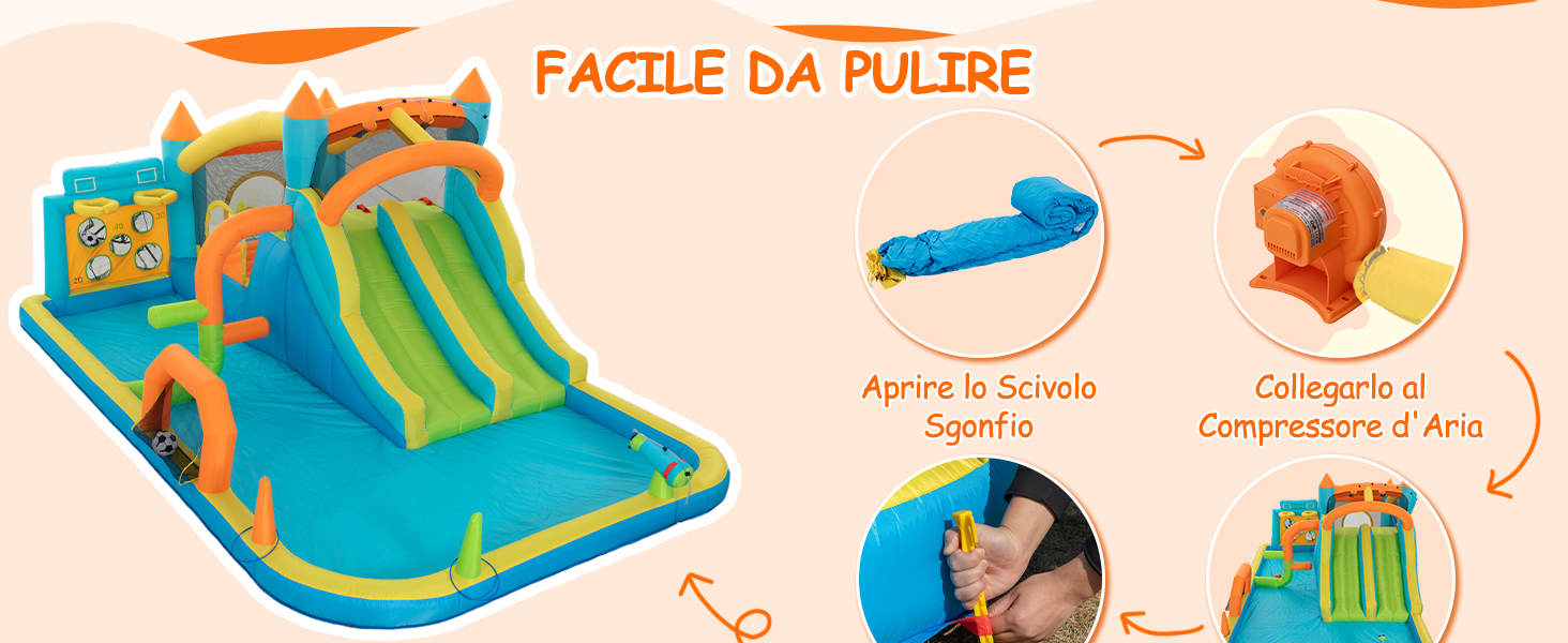 Il testo dice 'FACILE DA PULIRE'. Immagini del prodotto che mostrano una struttura da gioco gonfiabile o morbida con scivoli e strutture per arrampicarsi nei colori blu e verde con accenti arancioni.