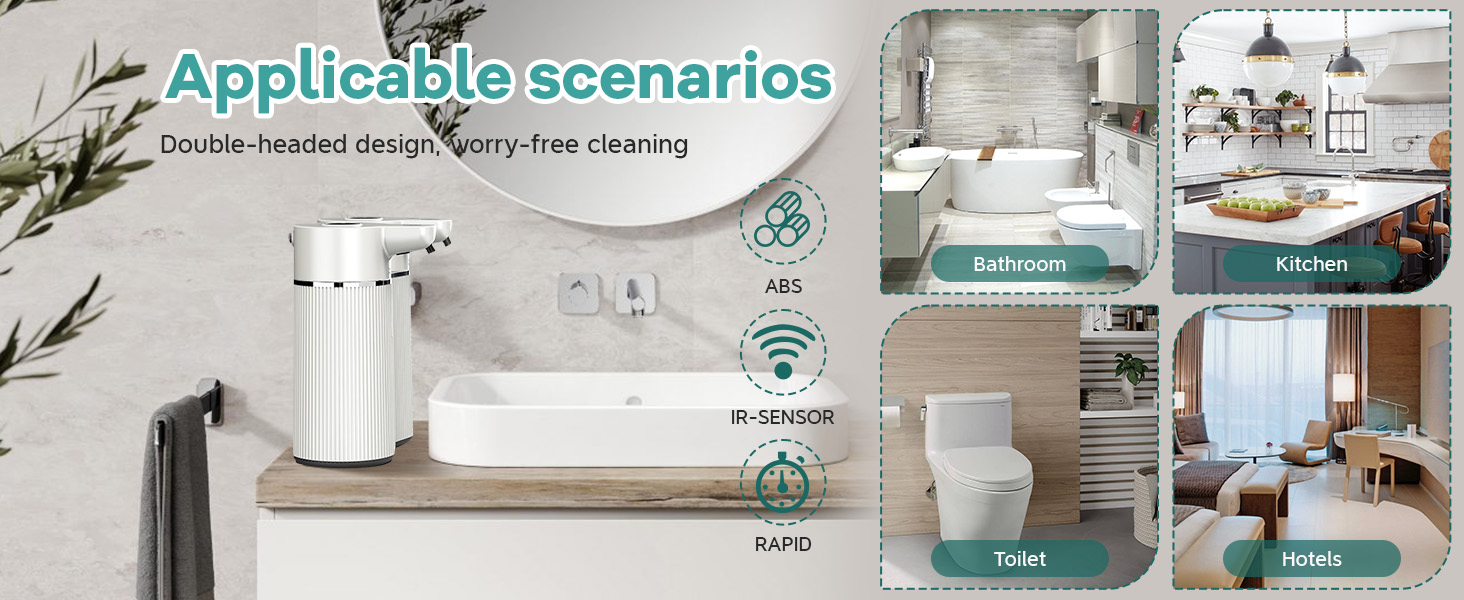 Distributore automatico di sapone bianco sul piano del bagno.