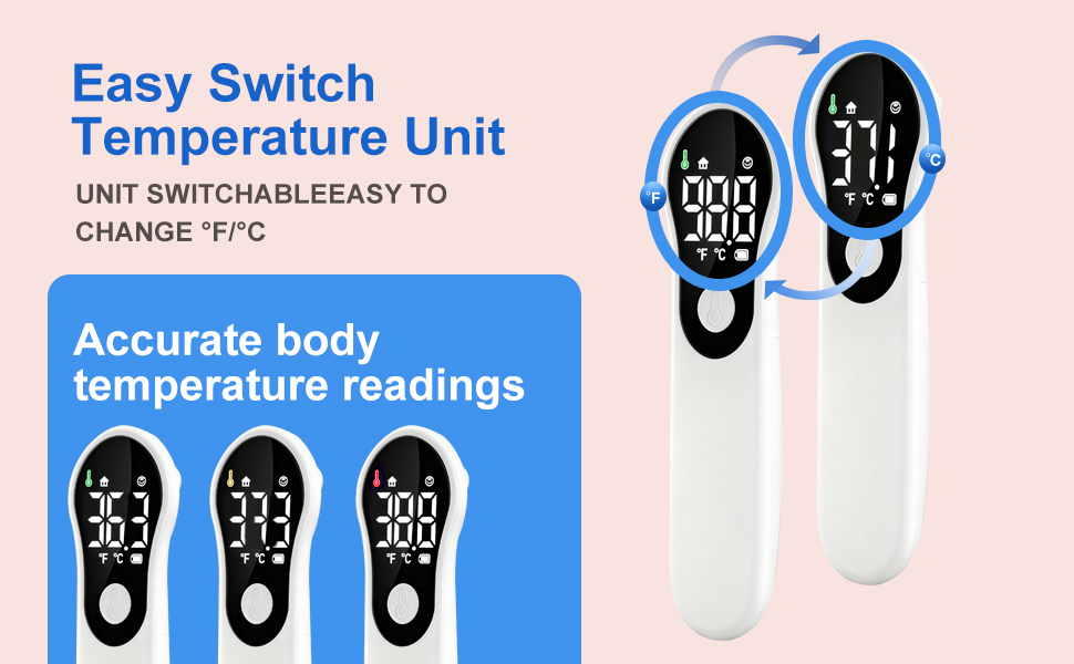 Le texte indique « Easy Switch », « Unité de température ». Infographie présentant des icônes liées à la température avec des commutateurs ou des commandes dans une palette de couleurs bleu et blanc.