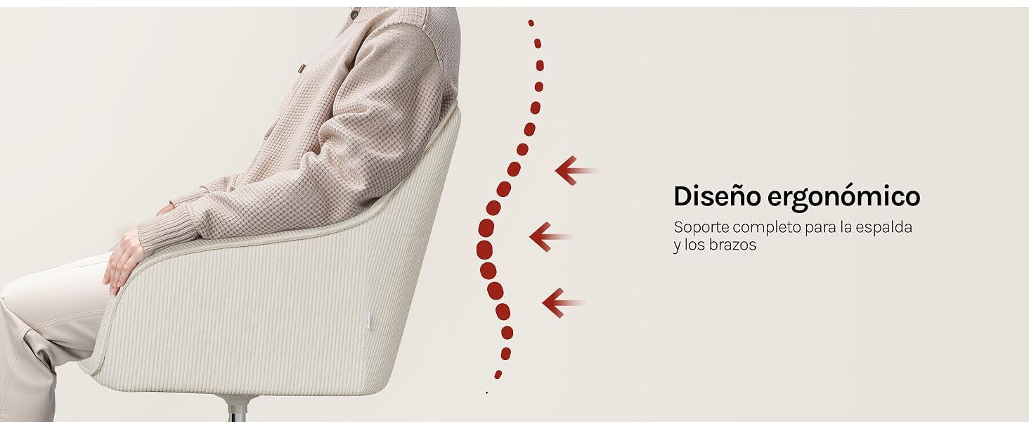 El texto dice «Diseño ergonómico» y «Perfecta para un uso bajo una silla o un cojín». La pierna de la persona descansa en un artículo de tela de color beige con indicadores de líneas punteadas rojas que muestran un diseño ergonómico de soporte lumbar.