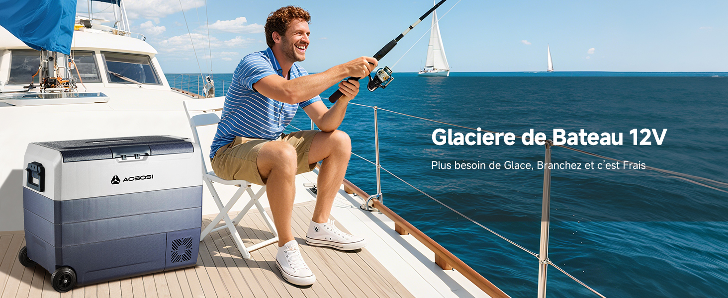 Le texte indique « Glaciere de Bateau 12V ». Images montrant une glacière portative ou une unité de réfrigération utilisée sur le pont d'un bateau en milieu marin.