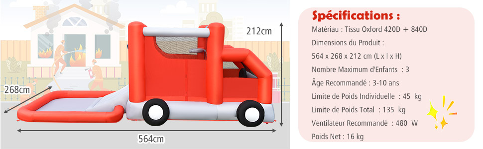 GOPLUS Château Gonflable Camion De Pompiers – Trampoline, Toboggan, Piscine, Pistolet à Eau, Panier Basket – 268x564x212 Cm – Jusqu’à 136 Kg – Souffleur 450W – 3-10 Ans – Sac De Transport