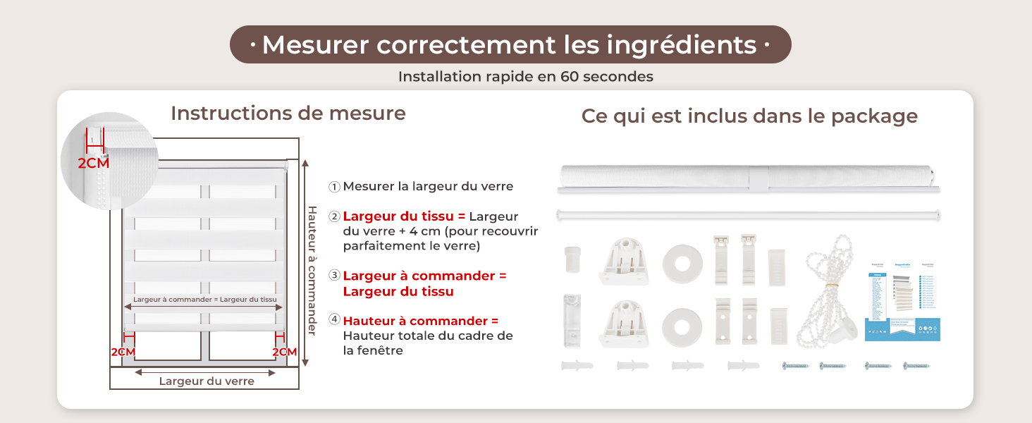 Le texte se lit comme suit : « Mesurer correctement les ingrédients ». Schéma d'instructions montrant les directives de mesure avec des lignes pointillées et des étapes numérotées en français.