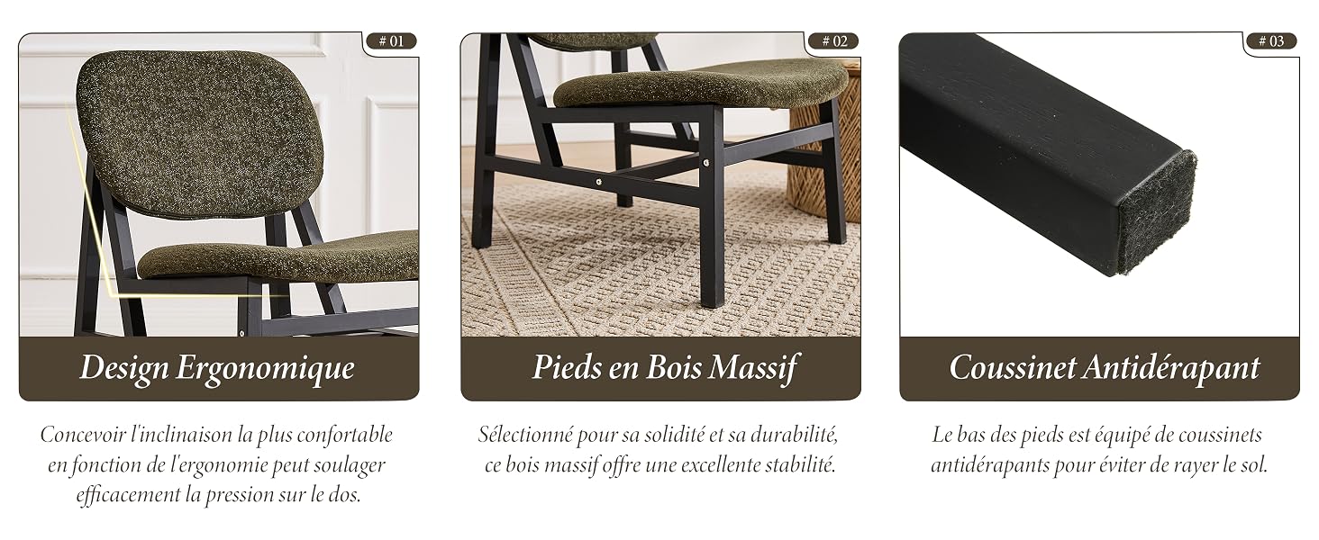 Le texte indique « Design Ergonomique », « Profitez Bois Massif », « Construit Anticipant ». Les images des produits montrent les composants et les spécifications des meubles dans une disposition horizontale avec des étiquettes textuelles en français.