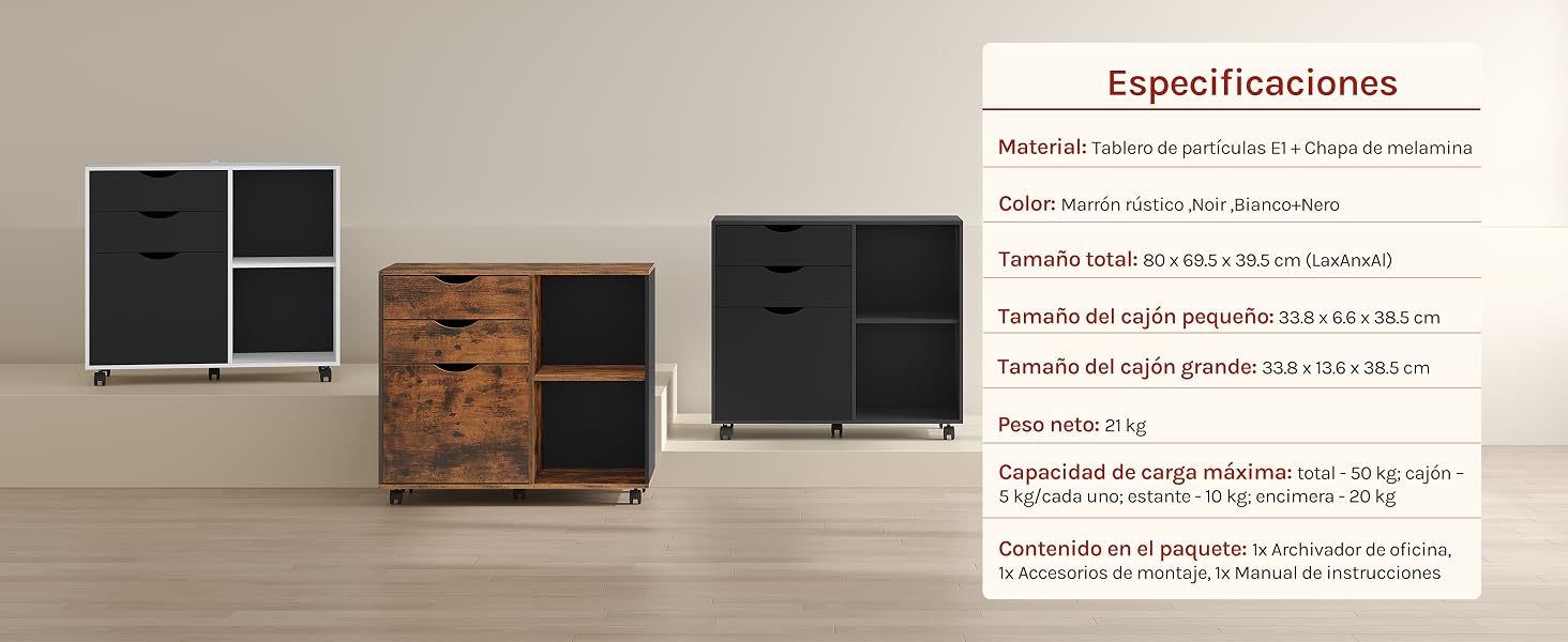 Instalación de pared moderna con paneles cuadrados negros y cajas de madera rústicas, con el texto de las especificaciones a la derecha.