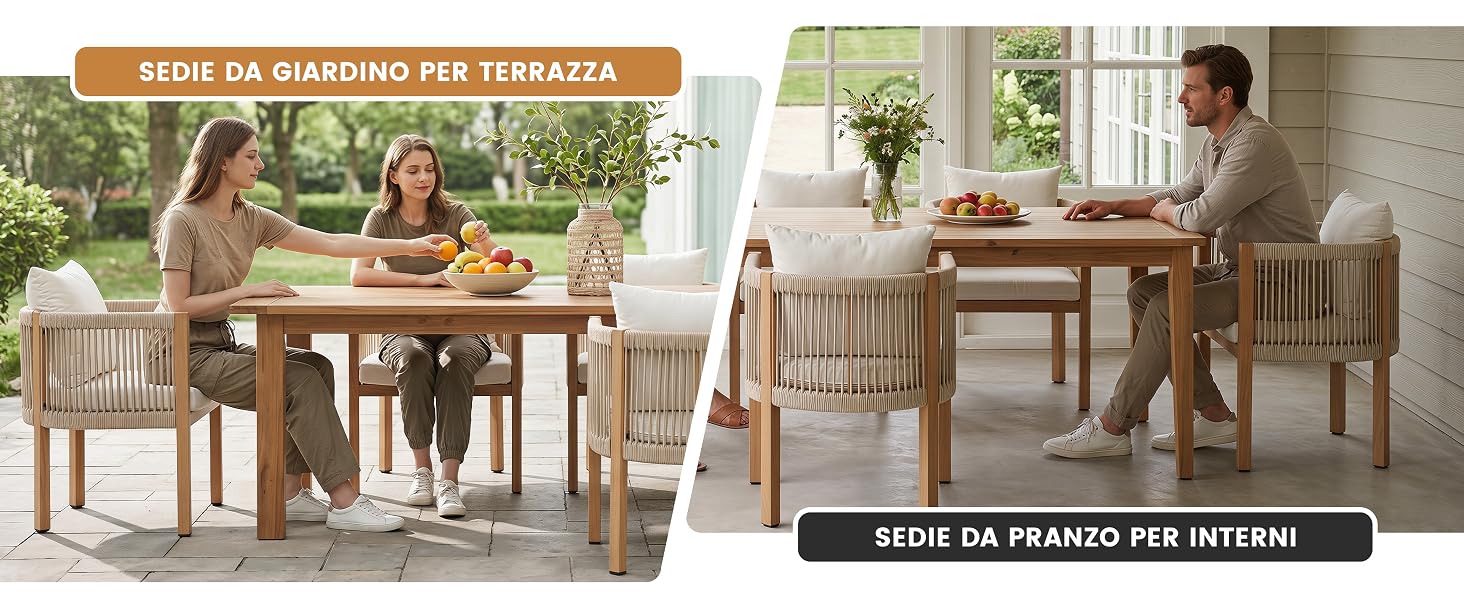Il pannello sinistro mostra un tavolo da pranzo in legno con sedie e sala da pranzo per famiglie. Il testo del pannello destro recita «HERE IS PASSION FOR DINING». Due scene di prodotto che illustrano le applicazioni per l'ambiente domestico.