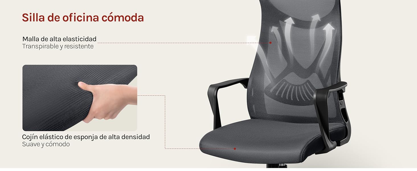 El texto dice «Silla de oficina cómoda». La silla de oficina con respaldo de malla gris y características ajustables se muestra desde dos ángulos.