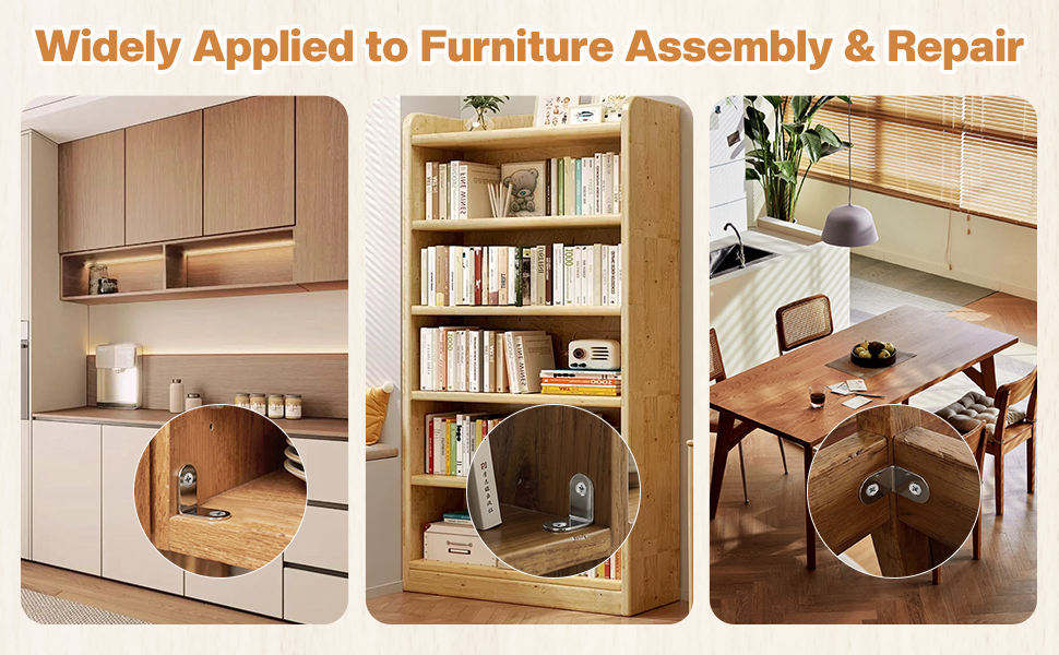 Text reads 'Widely Applied to Furniture Assembly &amp; Repair'. Series of photos showing furniture joints and assembly applications in wooden cabinets and tables.
