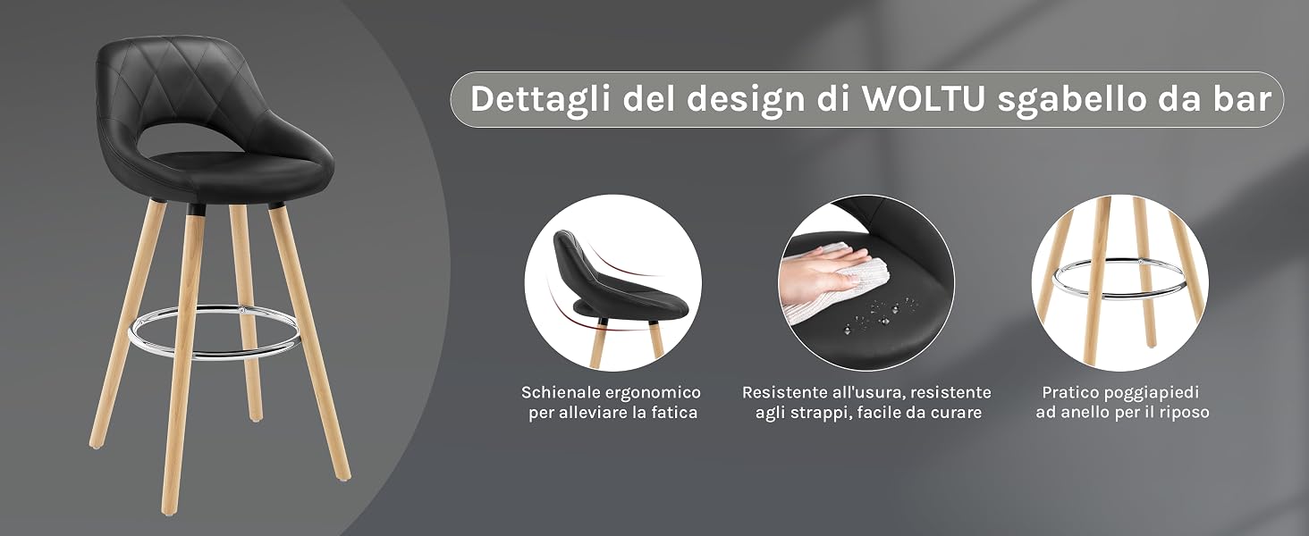grigio con schienale e seduta curvi, gambe in legno. Tre icone circolari evidenziano le caratteristiche: sedile imbottito, poggiapiedi regolabile e robusta struttura