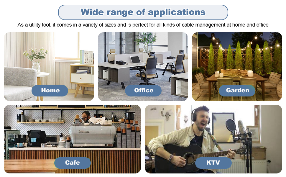 Collage showcasing product applications in home, office, garden, cafe, and KTV settings. Text highlights wide range of uses for cable management.