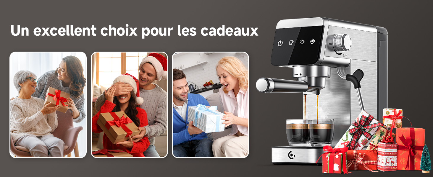 avec mousseur à lait entourée de coffrets cadeaux emballés. Trois panneaux montrent des personnes échangeant des cadeaux, suggérant la machine comme idée cadeau.