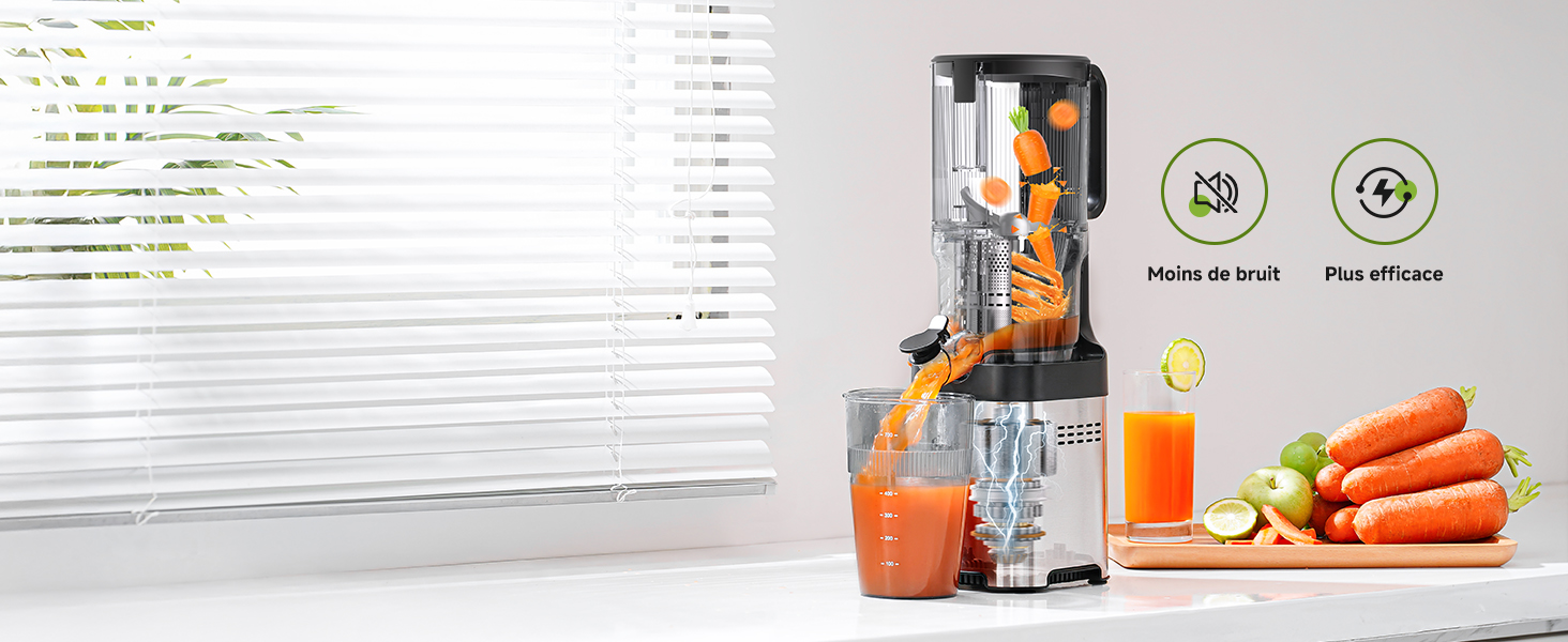 avec des composants orange exposés aux côtés de carottes fraîches et d'agrumes. Icônes écologiques vertes visibles montrant les caractéristiques du produit.