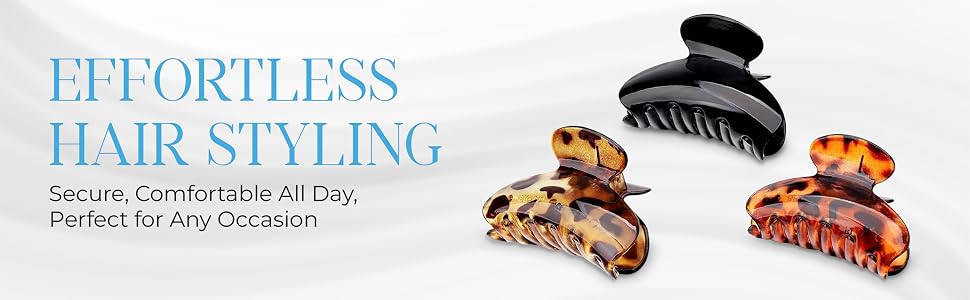 Text reads 'EFFORTLESS HAIR STYLING'. Three decorative hair clips shown in black, tortoiseshell, and copper colors arranged horizontally.