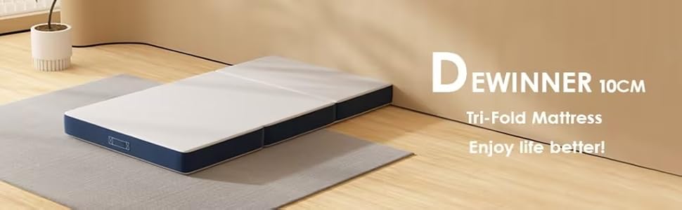 Le texte « DEWINNER 10 CM » est superposé sur le matelas beige ou l'image du produit de literie.