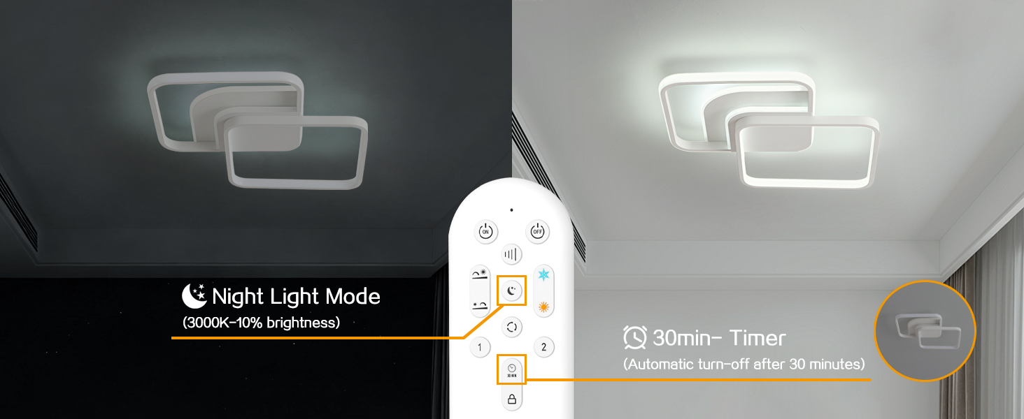 Der Text lautet: „Nachtlichtmodus“, „30-Minuten-Timer“. Intelligente Deckenleuchte mit zwei Modi: Normallicht und Nachtlicht, mit Timer-Funktion.