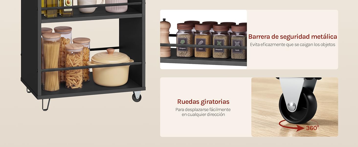 Estación de café con carrito de metal negro que contiene frascos y recipientes de vidrio; las imágenes adjuntas muestran un gotero de café vertido de cerámica, el texto lee la información del producto y las instrucciones de uso; se muestra una jarra de leche de cerámica negra.