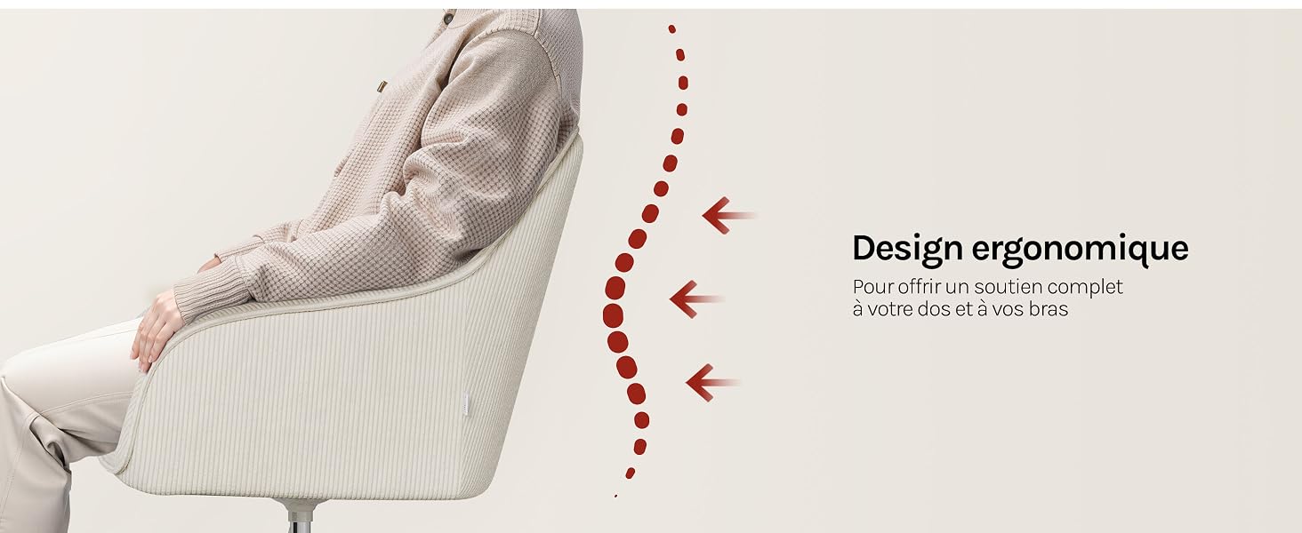 Le texte indique « Design ergonomique » avec le sous-titre « Maintient la posture, confort cadre renforcé ». L'illustration montre le profil latéral de la personne assise avec des indicateurs d'alignement de la colonne vertébrale et des flèches rouges pointant vers la zone de soutien lombaire.