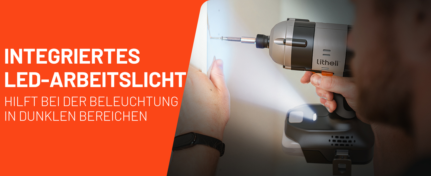 Der Text lautet: 'INTEGRIERTES LED-ARBEITSLICHT'. Das Bild zeigt ein beleuchtetes Elektrowerkzeug im Einsatz.