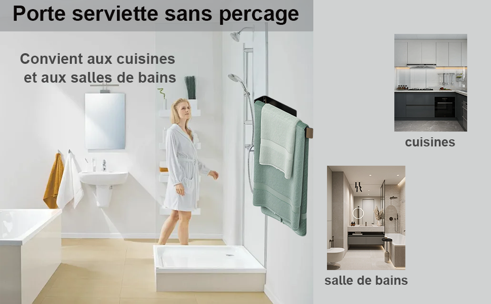 sans perçage, adapté aux cuisines et aux salles de bain. Évier et douche en céramique blanche visibles. Produit présenté dans une salle de bain avec des serviettes suspendues.