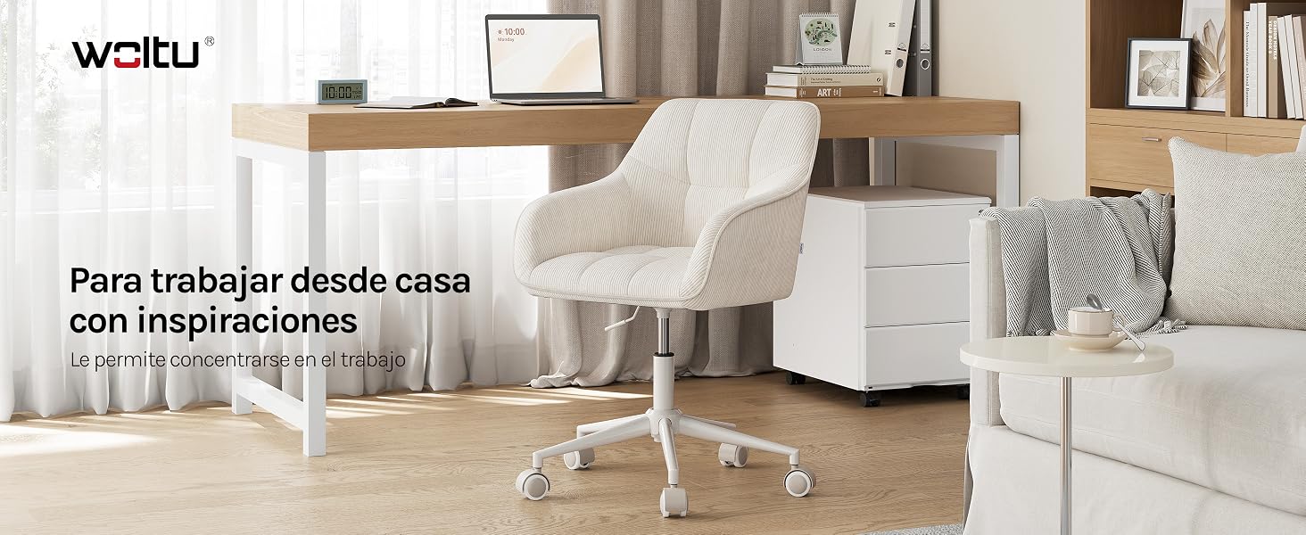 El texto dice «weilu» y «Para trabajar desde casa con inspiraciones». Espacio de trabajo de oficina en casa que muestra muebles, artículos de decoración y collages inspirados en el diseño de interiores.